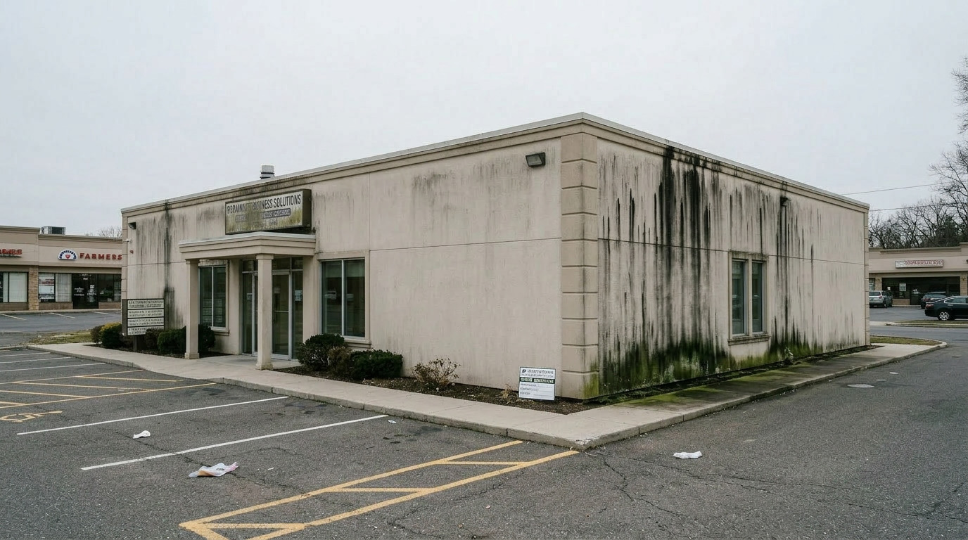 Dirty commercial building facade before power washing — Paramus NJ Bergen County