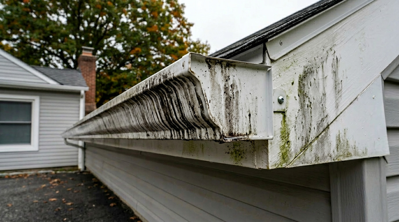 Clogged debris-filled gutter before cleaning — Fair Lawn NJ