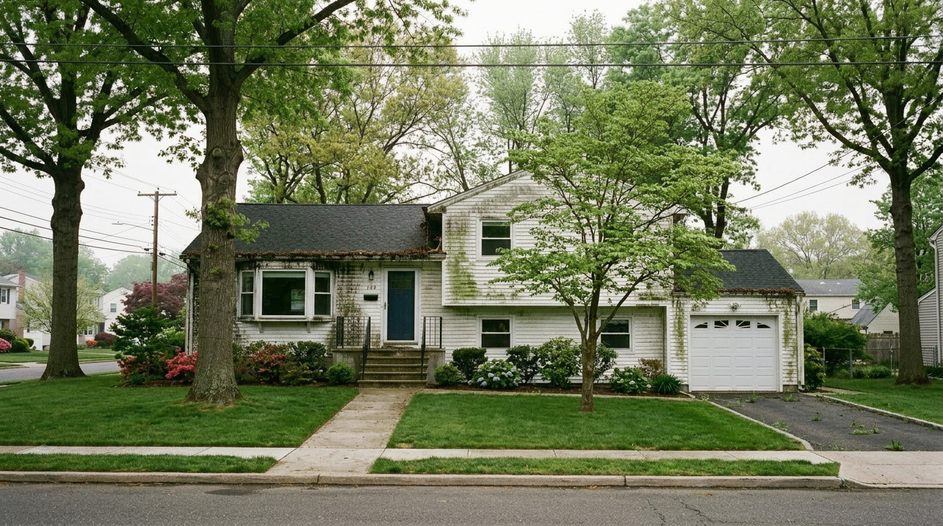 Dirty vinyl siding with algae and mold streaks before soft house wash — Saddle Brook NJ