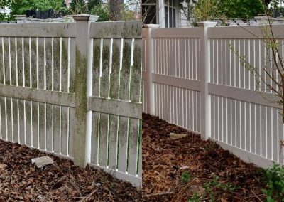 residential white picket fence, before and after power washing