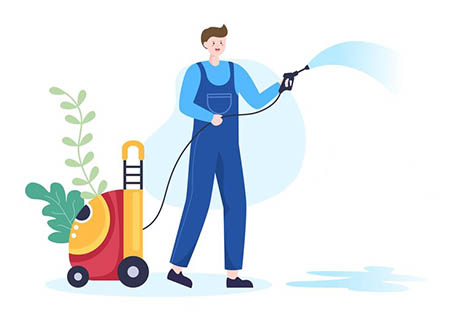 cartoon man with a power washer, holding a hose with water coming out. About dj power washing.