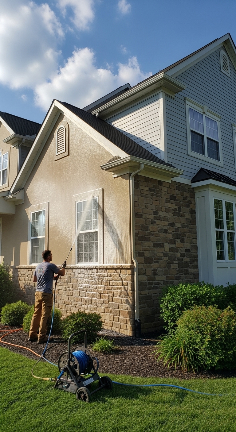 cartoon man with a power washer, holding a hose with water coming out. About dj power washing.