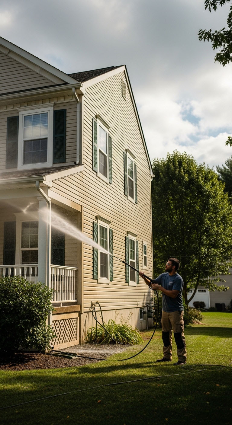 Image_fx cartoon man with a power washer, holding a hose with water coming out. About dj power washing.