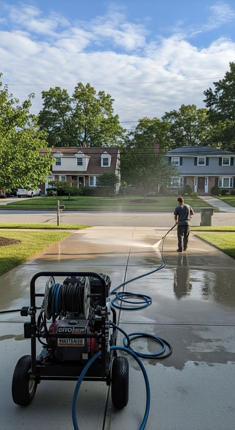 Image_fx cartoon man with a power washer, holding a hose with water coming out. About dj power washing.
