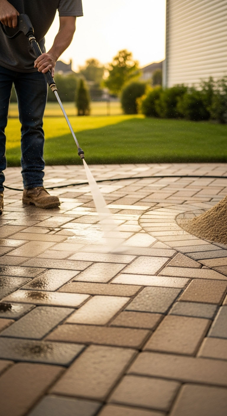 cartoon man with a power washer, holding a hose with water coming out. About dj power washing.
