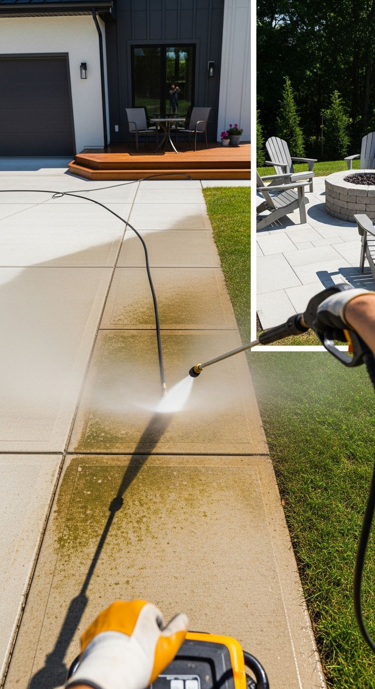 Image_fx cartoon man with a power washer, holding a hose with water coming out. About dj power washing.