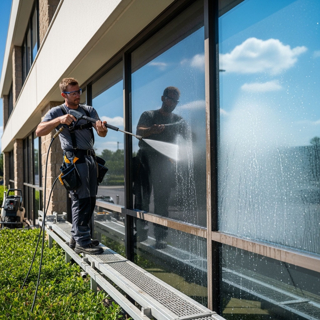 cartoon man with a power washer, holding a hose with water coming out. About dj power washing.